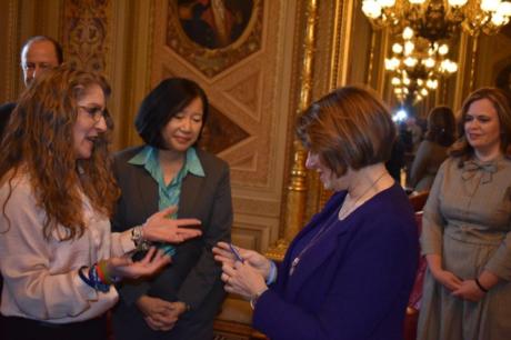 While meeting in the Capitol, Evelyn Piazza, mother of Timothy Piazza who died as a result of a hazing ritual, gave Senator Klobuchar a "never stop laughing, live like Tim" bracelet.